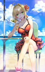Rule 34 | 10s, 1girl, bad id, bad pixiv id, bare shoulders, beach, beach umbrella, blonde hair, breasts, chair, cleavage, cloud, cup, day, dress, drinking, drinking glass, drinking straw, fate/extra, fate (series), flower, frilled dress, frills, green eyes, hair flower, hair intakes, hair ornament, large breasts, crossed legs, long hair, nero claudius (fate), nero claudius (fate) (all), nero claudius (fate/extra), ocean, official alternate costume, outdoors, red dress, short dress, sitting, slippers, solo, table, trianon, twitter username, umbrella, water