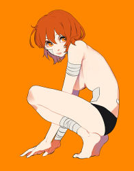 Rule 34 | 1girl, bandages, barefoot, black panties, breasts, fate/grand order, fate (series), from side, fujimaru ritsuka (female), full body, hands on ground, large breasts, looking to the side, no bra, orange background, orange eyes, orange hair, panties, short hair, sideboob, simple background, solo, squatting, tenobe, topless, underwear