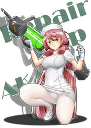 Rule 34 | 1girl, akashi (kancolle), character name, full body, glint, gloves, green eyes, hair ribbon, hat, holding, holding weapon, kantai collection, lens flare, long hair, looking at viewer, moke ro, nurse, nurse cap, on one knee, oversized object, panties, panties under pantyhose, pantyhose, pink hair, ribbon, simple background, solo, squatting, syringe, tress ribbon, underwear, weapon, white background, white gloves, white panties, white pantyhose