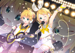 Rule 34 | 00s, 1boy, 1girl, anniversary, arami o 8, arm up, armpits, bare shoulders, blonde hair, blush, bow, brother and sister, cable, commentary, confetti, detached sleeves, fortissimo, green eyes, guitar, hair bow, hair ornament, hairclip, headphones, headset, heart, highres, holding, holding microphone, instrument, kagamine len, kagamine rin, looking at viewer, microphone, music, neck ribbon, necktie, one eye closed, playing instrument, ponytail, projected inset, ribbon, see-through, see-through sleeves, shirt, short hair, shorts, siblings, smile, spotlight, treble clef, twins, v, vocaloid, white bow, white shirt, yellow neckwear