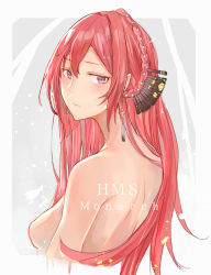 Rule 34 | 1girl, absurdres, azur lane, back, bare shoulders, bow, breasts, cocoka, cross, cross necklace, earrings, hair bow, hair ornament, highres, jewelry, long hair, looking at viewer, monarch (azur lane), necklace, nude, purple eyes, red hair, simple background, solo, upper body
