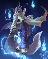Rule 34 | absurdres, blue fire, claws, digimon, digimon (creature), doumon, fire, fox, highres, red eyes, solo, tail