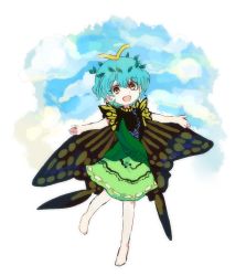 Rule 34 | 1girl, antennae, aqua hair, barefoot, blush, butterfly wings, dress, eternity larva, fairy, full body, green dress, hair between eyes, insect wings, kyuu (zyun193), leaf, leaf on head, multicolored clothes, multicolored dress, open mouth, orange eyes, outstretched arms, short hair, short sleeves, single strap, smile, solo, spread arms, touhou, wings