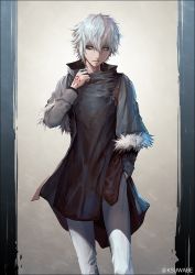 Rule 34 | 1boy, black shirt, collar tug, command spell, commentary request, fate/grand order, fate (series), fur trim, grey hair, hair between eyes, hand in pocket, k-suwabe, kadoc zemlupus, long shirt, looking at viewer, male focus, pants, shirt, solo, standing, twitter username, upper body, yellow eyes