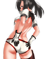 Rule 34 | 1girl, akizuki (kancolle), ass, bare back, black hair, breasts, from behind, gloves, highres, kantai collection, long hair, looking at viewer, multicolored clothes, panties, ponytail, sailor collar, small breasts, solo, tama (tamago), torn clothes, underwear, white background, yellow eyes