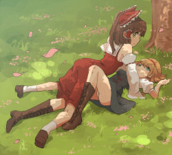 Rule 34 | 2girls, alice margatroid, all fours, arms up, bad id, bad pixiv id, blonde hair, blue dress, blue eyes, blue skirt, boots, bow, brown hair, cherry blossoms, cross-laced footwear, detached sleeves, dress, female focus, girl on top, grass, green eyes, hair bow, hair tubes, hairband, hakurei reimu, japanese clothes, lace-up boots, looking at viewer, lying, miko, multiple girls, on back, panties, pantyshot, petals, ponytail, shirt, short hair, skirt, skirt set, touhou, tree, underwear, white panties, yachi yowa, yuri