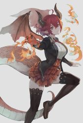 Rule 34 | 1girl, arqa, breasts, claws, dragon horns, dragon tail, dragon wings, fire, granblue fantasy, grea (shingeki no bahamut), horns, large breasts, pleated skirt, pointy ears, red hair, school uniform, shingeki no bahamut, skirt, solo, tail, thighhighs, wings