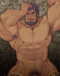 Rule 34 | 1boy, abs, armpit hair, armpits, bara, beard, biceps, bulge, crotchless, crotchless pants, ded (housamo), facial hair, gomtang, hand on own head, large pectorals, male focus, male pubic hair, mature male, muscular, muscular male, navel, navel hair, nipples, nude, pants, pectorals, penis, penis peek, pubic hair, purple hair, short hair, shoukan yuusha to f-kei kareshi, solo, stomach, thick eyebrows, thick thighs, thighs, tokyo houkago summoners, tongue, tongue out