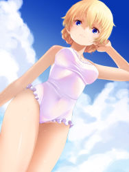 Rule 34 | 10s, 1girl, adjusting hair, blonde hair, blue eyes, braid, breasts, cloud, covered navel, darjeeling (girls und panzer), day, frilled swimsuit, frills, from below, girls und panzer, groin, highres, looking at viewer, medium breasts, one-piece swimsuit, shiny skin, sky, solo, sweat, swimsuit, tabigarasu, thighs, wet, white one-piece swimsuit