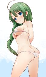 Rule 34 | 10s, 1girl, ahoge, arms behind back, ass, bare shoulders, bikini, blue eyes, blush, braid, breasts, butt crack, from side, green hair, groin, hair between eyes, kantai collection, long hair, looking at viewer, looking back, medium breasts, micro bikini, mole, mole under mouth, sawamura aoi, simple background, single braid, skindentation, smile, solo, standing, swimsuit, underboob, very long hair, white bikini, yuugumo (kancolle)