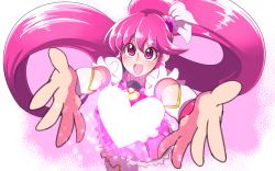 Rule 34 | 1girl, :d, absurdres, aino megumi, brooch, cure lovely, from above, hair ornament, happinesscharge precure!, happy, heart, heart brooch, heart hair ornament, highres, jersey 68, jewelry, long hair, looking at viewer, matching hair/eyes, open mouth, outstretched hand, pink background, pink eyes, pink hair, pink skirt, pink theme, precure, skirt, smile, solo, thighhighs, white thighhighs, wrist cuffs