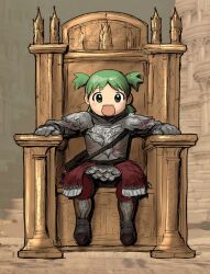 Rule 34 | 1girl, absurdres, armor, bag, blush, breastplate, brown bag, child, commentary, elden ring, english commentary, full armor, full body, gift art, greaves, green eyes, green hair, highres, jasmin darnell, jpeg artifacts, koiwai yotsuba, long sleeves, looking at viewer, medium hair, messenger bag, open mouth, pauldrons, quad tails, shoulder armor, shoulder bag, sitting, solo, throne, yotsubato!