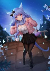 Rule 34 | 1girl, animal ears, warrior of light (ff14), black pantyhose, blue eyes, bow, breasts, bug, butterfly, cardigan, cat ears, cat tail, cleavage, commission, final fantasy, final fantasy xiv, flower, hair bow, insect, large breasts, leirix, long hair, looking at viewer, miqo&#039;te, open cardigan, open clothes, outdoors, pantyhose, paw pose, petals, purple hair, scarf, skirt, smile, solo, standing, tail, watercraft