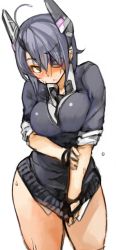 Rule 34 | 10s, 1girl, :&lt;, ahoge, black gloves, blush, cardigan, collared shirt, covering privates, covering crotch, cowboy shot, fingerless gloves, gloves, hand on own arm, headgear, kantai collection, leaning forward, looking at another, necktie, no pants, orange eyes, purple hair, sachito, shirt, shirt tug, short hair, simple background, solo, tenryuu (kancolle), thick thighs, thighs, white background
