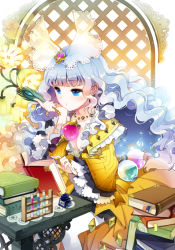 Rule 34 | bad id, bad pixiv id, blue eyes, blue hair, book, bookmark, cherrypin, clarice altheim, colorful, dress, frills, gathers, jewelry, long hair, necklace, aged up, open book, original, quill, silver hair, sitting, solo, sword girls, vial, wavy hair