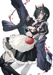 Rule 34 | 1girl, absurdres, apron, azur lane, bikini, black dress, black hair, black thighhighs, breast strap, breasts, cat hair ornament, cleavage, dress, echj, feet out of frame, hair ornament, hair over one eye, highres, horns, jacket, maid, maid bikini, maid headdress, mechanical horns, medium breasts, o-ring, o-ring top, official alternate costume, open clothes, open jacket, puffy short sleeves, puffy sleeves, red horns, short sleeves, simple background, solo, swimsuit, thighhighs, tongue, tongue out, ulrich von hutten (azur lane), ulrich von hutten (mayhem maid) (azur lane), unconventional maid, white apron, white background, x hair ornament, yellow eyes