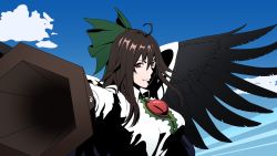 Rule 34 | 1girl, ahoge, aiming, aiming at viewer, arm cannon, bird wings, black wings, bleach, bow, breasts, brown eyes, brown hair, buttons, cape, center frills, closed mouth, collared shirt, commentary request, control rod, frills, green bow, hair bow, high contrast, highres, large breasts, long hair, looking at viewer, minami koyogi, parody, puffy short sleeves, puffy sleeves, red eyes, reiuji utsuho, shirt, short sleeves, smile, solo, style parody, third eye, touhou, upper body, weapon, white cape, white shirt, wings