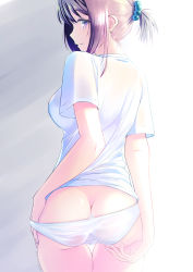 Rule 34 | 1girl, ass, blush, breasts, brown hair, butt crack, character request, commentary request, from side, highres, looking at viewer, looking back, lying, medium breasts, on back, on side, original, panties, panty pull, ponytail, puriketsu corgy, purple eyes, shirt, short hair, simple background, smile, solo, underwear, undressing, white panties, white shirt