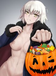 Rule 34 | ahoge, black dress, breasts, candy, commentary request, cowboy shot, dress, fate/grand order, fate (series), food, fur trim, grey background, hair between eyes, highres, jack-o&#039;-lantern, jeanne d&#039;arc (fate), jeanne d&#039;arc alter (fate), jeanne d&#039;arc alter (ver. shinjuku 1999) (fate), large breasts, navel, nipples, no bra, no panties, short hair, silver hair, velminth, wicked dragon witch ver. shinjuku 1999, yellow eyes