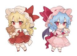 Rule 34 | 2girls, ascot, blonde hair, blue hair, bobby socks, bow, brooch, chibi, cup, flandre scarlet, frilled hat, frills, hat, hat ribbon, holding, holding cup, holding plate, hugging object, jewelry, medium hair, multiple girls, paragasu (parags112), pink hat, pink shirt, pink skirt, plate, pointy ears, puffy short sleeves, puffy sleeves, red ascot, red eyes, red footwear, red ribbon, red skirt, red vest, remilia scarlet, ribbon, shirt, short sleeves, side ponytail, simple background, skirt, skirt set, socks, standing, stuffed animal, stuffed toy, teacup, teddy bear, touhou, vest, waist bow, white background, white hat, white socks