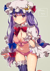 Rule 34 | 1girl, bad id, bad pixiv id, bikini, blue bow, blunt bangs, bow, bowtie, breasts, cleavage, crescent, crescent hair ornament, front-tie bikini top, front-tie top, hair bow, hair ornament, hat, ikeuchi tanuma, large breasts, long hair, looking at viewer, mob cap, patchouli knowledge, pink bikini, purple eyes, purple hair, purple thighhighs, red bow, red bowtie, side-tie bikini bottom, single thighhigh, sketch, solo, striped clothes, striped thighhighs, swimsuit, thighhighs, touhou, wrist cuffs