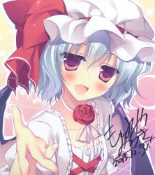 Rule 34 | 1girl, :d, artist name, bat wings, blue hair, blush, bow, dated, dress, fang, flower, hat, hat bow, highres, looking at viewer, mob cap, motomiya mitsuki, open mouth, outstretched arm, outstretched hand, pink eyes, red rose, remilia scarlet, ribbon-trimmed headwear, ribbon trim, rose, signature, smile, solo, touhou, upper body, white dress, wings