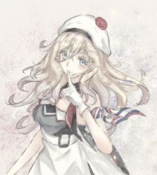Rule 34 | 1girl, armband, bad id, bad pixiv id, belt, beret, blonde hair, blue eyes, dress, finger to mouth, gloves, hair between eyes, hat, kantai collection, long hair, looking at viewer, multicolored clothes, multicolored dress, multicolored legwear, multicolored scarf, pom pom (clothes), richelieu (kancolle), sa-ya2, scarf, solo, strapless, strapless dress, traditional media, white gloves, white hat