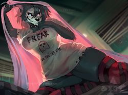 Rule 34 | animal ears, bed, black fur, black sclera, blanket, blouse, clothes writing, collar, colored sclera, english text, furry, furry female, glowing, glowing eyes, light, night, on bed, scp-1471, scp foundation, sharp teeth, shirt, short hair, skeleion, skull, smile, socks, spiked collar, spikes, striped, striped legwear, teeth, underwear, white eyes, white shirt, wolf ears, wolf girl