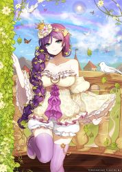 Rule 34 | 1girl, bare shoulders, bird, blue sky, braid, closed mouth, commentary, crown, day, detached sleeves, dove, dress, english commentary, floral print, green eyes, hair ornament, hand up, head tilt, ivy, juliet sleeves, leaf hair ornament, long hair, long sleeves, looking at viewer, love live!, love live! school idol project, mini crown, puffy sleeves, purple hair, purple thighhighs, rainbow, shoes, single braid, sky, smile, solo, standing, standing on one leg, star (sky), starry sky, sun, terupancake, thighhighs, tojo nozomi, very long hair, yellow dress