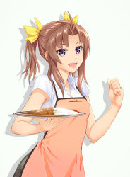 Rule 34 | 1girl, :d, alternate costume, apron, bow, brown hair, curry, curry rice, food, hair bow, highres, holding, holding plate, jewelry, kagerou (kancolle), kantai collection, looking at viewer, open mouth, pink apron, plate, purple eyes, rice, ring, shirt, short sleeves, simple background, smile, solo, t-shirt, t (sisirien), twintails, upper body, wedding ring, white background, white shirt, yellow bow