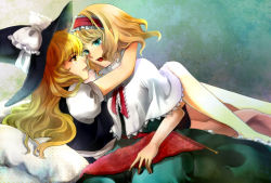 Rule 34 | 2girls, alice margatroid, aqua eyes, bad id, bad pixiv id, blonde hair, capelet, couple, eye contact, female focus, grin, hairband, hat, hat ribbon, hug, i wanna, kirisame marisa, knitting, long hair, looking at another, multiple girls, open mouth, pillow, ribbon, short hair, smile, touhou, witch, witch hat, yellow eyes, yuri