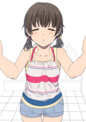 Rule 34 | 1girl, blue shorts, brown hair, carrot hair ornament, closed eyes, commentary request, cowboy shot, food-themed hair ornament, hair ornament, hair tie, incoming kiss, low twintails, mattaku mousuke, original, pov, rabbit hair ornament, reaching, reaching towards viewer, shorts, solo, striped, tank top, twintails, white background