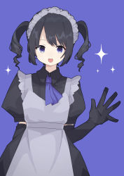 Rule 34 | absurdres, apron, ascot, black gloves, black hair, black shirt, blouse, blue ascot, collared shirt, commentary, elbow gloves, gloves, hand up, highres, looking at viewer, maid, maid apron, maid headdress, open mouth, original, puffy short sleeves, puffy sleeves, purple background, purple eyes, shiratakiseaice, shirt, short sleeves, simple background, smile, sparkle, teeth, twintails, upper body, upper teeth only, waving