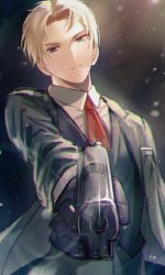 Rule 34 | 1boy, absurdres, black gloves, blonde hair, blue eyes, collared shirt, commentary, gloves, green jacket, gun, han seol, highres, holding, holding gun, holding weapon, jacket, looking at viewer, male focus, necktie, pointing gun, red necktie, shirt, short hair, solo, spy x family, twilight (spy x family), weapon, white shirt
