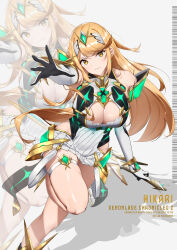 Rule 34 | absurdres, blonde hair, breasts, cleavage cutout, clothing cutout, core crystal (xenoblade), dress, earrings, floating earring, gem, headpiece, highres, jewelry, large breasts, microdress, midorimae, mythra (xenoblade), swept bangs, tiara, xenoblade chronicles (series), xenoblade chronicles 2, yellow eyes