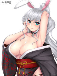 Rule 34 | 1girl, :q, animal ears, aqua eyes, areola slip, arm up, armpits, black kimono, black panties, blush, breasts, choker, cleavage, collarbone, commentary request, dungeon and fighter, groin, heart, heart-shaped pupils, japanese clothes, kimono, knight (dungeon and fighter), korean commentary, large breasts, long hair, long sleeves, looking at viewer, naughty face, no bra, obi, off shoulder, panties, photoshop (medium), ponytail, rabbit ears, sash, shaojiang, side-tie panties, smile, solo, symbol-shaped pupils, tongue, tongue out, underwear, wide sleeves