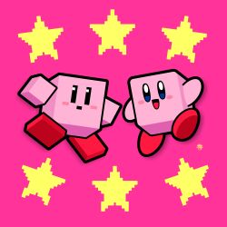 Rule 34 | black eyes, blue eyes, blush stickers, cube, dual persona, kirby, kirby (series), low poly, nintendo, no humans, open mouth, pink background, pixel star, rectangular mouth, sasakinao, simple background, star (symbol), super smash bros.