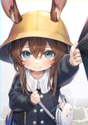 1girl 3: aged_down amiya_(arknights) animal_bag animal_ears arknights blue_eyes blush brown_hair clothes_pull douya_(233) ears_through_headwear hair_between_eyes hat holding_strap kindergarten_uniform long_hair long_sleeves looking_at_viewer out_of_frame rabbit_bag rabbit_ears school_hat shirt_tug solo yellow_hat