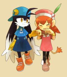 Rule 34 | 1boy, blue headwear, blue pants, blue skirt, brown hair, closed eyes, crying, dress, furry, furry female, furry male, gloves, holding hands, kanade (unchi knd280), kaze no klonoa, klonoa, lolo (klonoa), looking at another, pac-man, pants, pink dress, pink footwear, pink headwear, red footwear, simple background, skirt, yellow eyes, yellow gloves