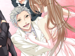 Rule 34 | 1boy, 1girl, :d, bare shoulders, dress, formal, game cg, head out of frame, nanami kanata, open mouth, ponytail, silver hair, smile, starry sky (game), suit, yahisa tsukiko