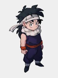 Rule 34 | 1boy, arms at sides, black eyes, black hair, child, dragon ball, dragonball z, full body, grey background, headband, kemachiku, long hair, looking at viewer, male focus, red sash, red wristband, sash, simple background, solo, son gohan, sweatdrop, white headband