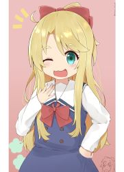 Rule 34 | 1girl, :3, absurdres, blonde hair, blue dress, bow, commentary request, dress, green eyes, hair bow, hand on own hip, hand on own chest, highres, himesaka noa, long hair, one eye closed, open mouth, pink background, ponytail, ribbon, school uniform, simple background, smile, solo, upper body, watashi ni tenshi ga maiorita!, yomogi uehara