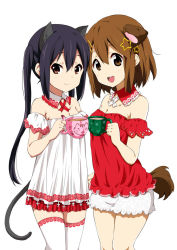 Rule 34 | 2girls, animal ears, babydoll, bare shoulders, black hair, breasts, brown eyes, brown hair, cat ears, cat tail, cleavage, cowboy shot, cup, detached collar, dog ears, dog tail, hair between eyes, hair ornament, hairclip, hirasawa yui, holding, holding cup, k-on!, lace, lace-trimmed legwear, lace trim, lingerie, medium breasts, multiple girls, nakano azusa, official style, ragho no erika, short hair, simple background, smile, standing, star (symbol), star hair ornament, tail, teacup, thighhighs, twintails, underwear, white background, white legwear