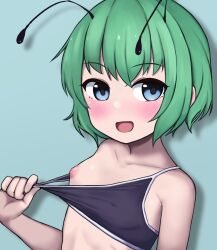 Rule 34 | 1girl, :d, antennae, blue eyes, breasts, clothes pull, commentary, crop top, green hair, grey background, highres, nipples, nuclear cake, open mouth, pulled by self, short hair, simple background, small breasts, smile, symbol-only commentary, touhou, upper body, wriggle nightbug