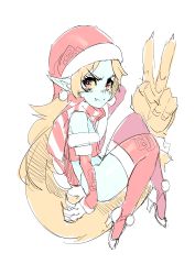 Rule 34 | 1girl, absurdres, blue skin, christmas, colored sclera, colored skin, elbow gloves, fang, gloves, hat, high heels, highres, long hair, maniacpaint, midna, nintendo, orange hair, pointy ears, prehensile hair, red eyes, red thighhighs, santa hat, scarf, solo, strapless, striped clothes, striped scarf, the legend of zelda, the legend of zelda: twilight princess, thighhighs, tube top, v, very long hair, yellow sclera