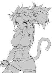 Rule 34 | 1girl, abs, alternate universe, bracelet, breasts, dragon ball, dragon ball super, dragonball z, hair ornament, hair scrunchie, highres, jewelry, kale (dragon ball), large breasts, looking at viewer, muscular, muscular female, navel, scrunchie, spiked hair, super saiyan, super saiyan 4, tail, zequung, zquung