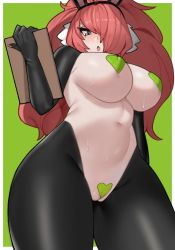 Rule 34 | 1girl, animal ears, black gloves, blush, breasts, cleft of venus, clipboard, fake animal ears, female focus, gloves, hair over one eye, heart maebari, heart pasties, holding, holding clipboard, large breasts, looking down, maebari, meme attire, navel, one eye covered, original, pasties, pout, rabbit ears, red hair, reverse bunnysuit, reverse outfit, saru (monkey magic3), solo, stomach, sweat