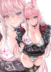 Rule 34 | 1girl, animal ears, bikini, black jacket, black thighhighs, blush, breasts, choker, cleavage, closed mouth, commentary request, hair between eyes, highres, jacket, large breasts, long hair, looking at viewer, mole, mole on breast, mole under eye, original, padded jacket, purple eyes, rabbit ears, rabbit girl, ran&#039;ou (tamago no kimi), red choker, silver bikini, smile, standing, swimsuit, thighhighs, thighs, zoom layer