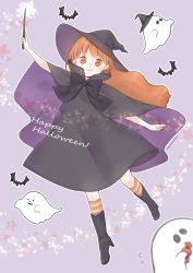 Rule 34 | 1girl, absurdres, arm up, blush, boots, bow, cloak, dress, ghost, go-on, halloween, happy halloween, hat, high collar, high heel boots, high heels, highres, holding, holding wand, long hair, orange eyes, orange hair, original, smile, socks, solo, standing, standing on one leg, striped clothes, striped socks, very long hair, wand, wavy hair, witch hat