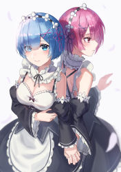 Rule 34 | 2girls, back-to-back, black ribbon, blue eyes, blue hair, blush, breasts, cleavage, commentary request, detached sleeves, dress, facing away, female focus, frills, hair ornament, hair over one eye, hair ribbon, highres, holding hands, long sleeves, looking at viewer, maid, maid headdress, matching hair/eyes, medium breasts, multiple girls, neck ribbon, nekoreito, pink eyes, pink hair, pink ribbon, ram (re:zero), re:zero kara hajimeru isekai seikatsu, red eyes, rem (re:zero), ribbon, short hair, siblings, simple background, sisters, smile, twins, white background, x hair ornament
